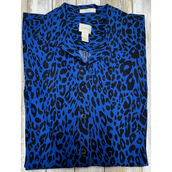 Chico's Women's Button Down Shirt Blue Black Animal Print Long Sleeve - Picture 1 of 6
